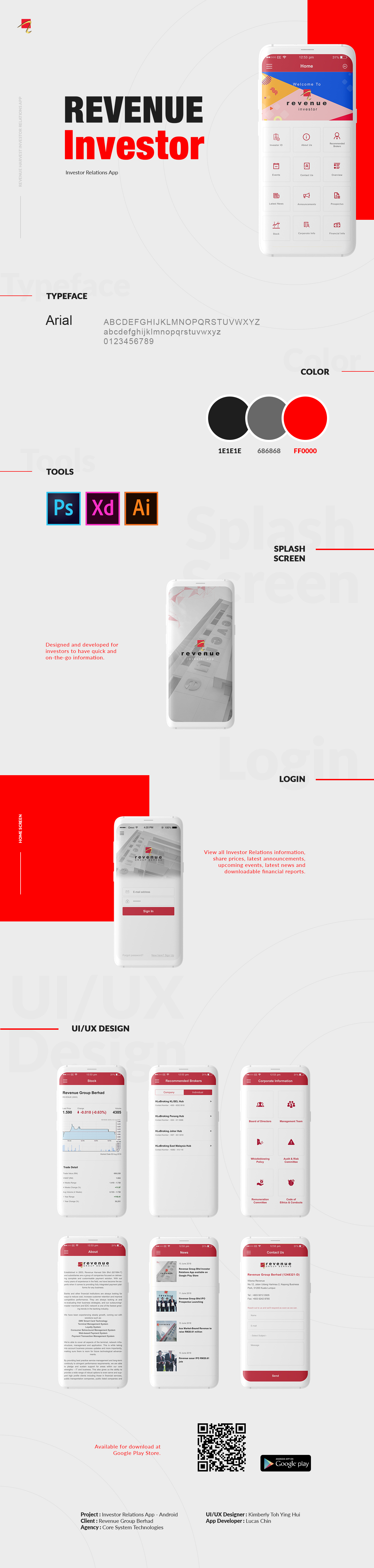 Revenue Investor mobile app screens, investor information, and interface design