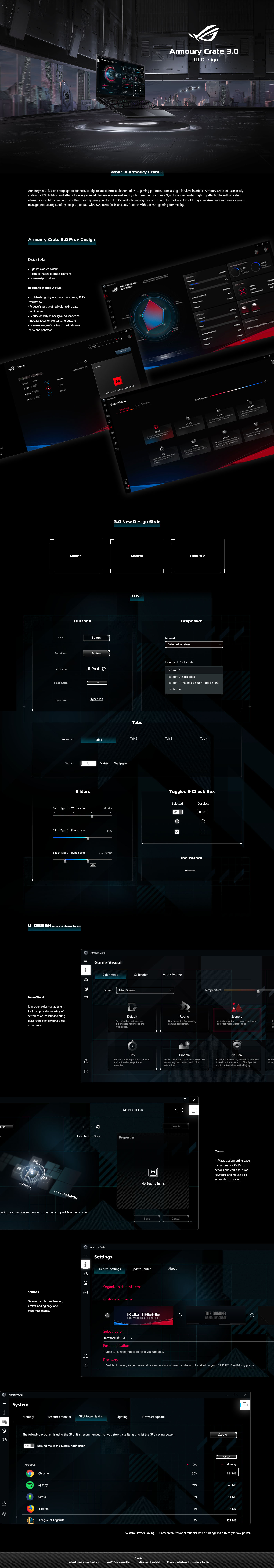 ROG Armoury Crate 3.0 interface exploration, UI kit, component system, and final software screens